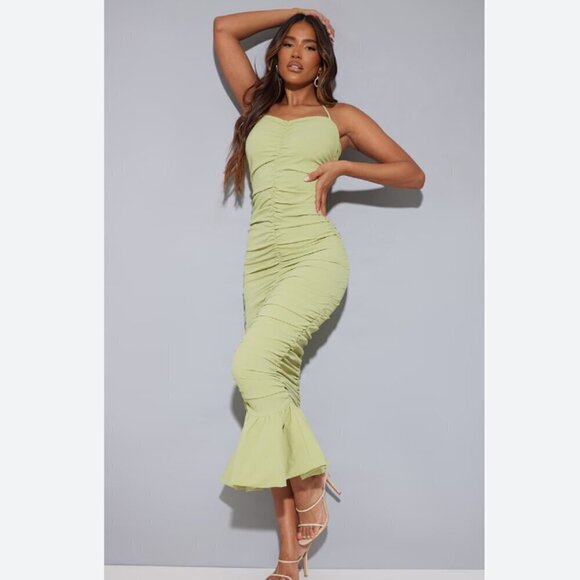 PrettyLittleThing Sage Green Halterneck Extreme Ruched Fishtail Hem Midaxi Dress - Picture 1 of 3